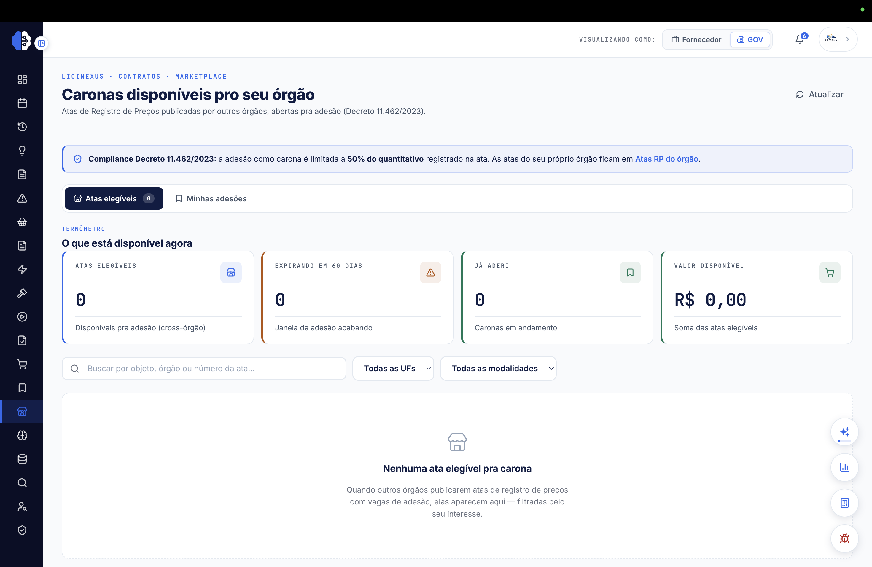 Tela Atas e caronas do módulo GOV