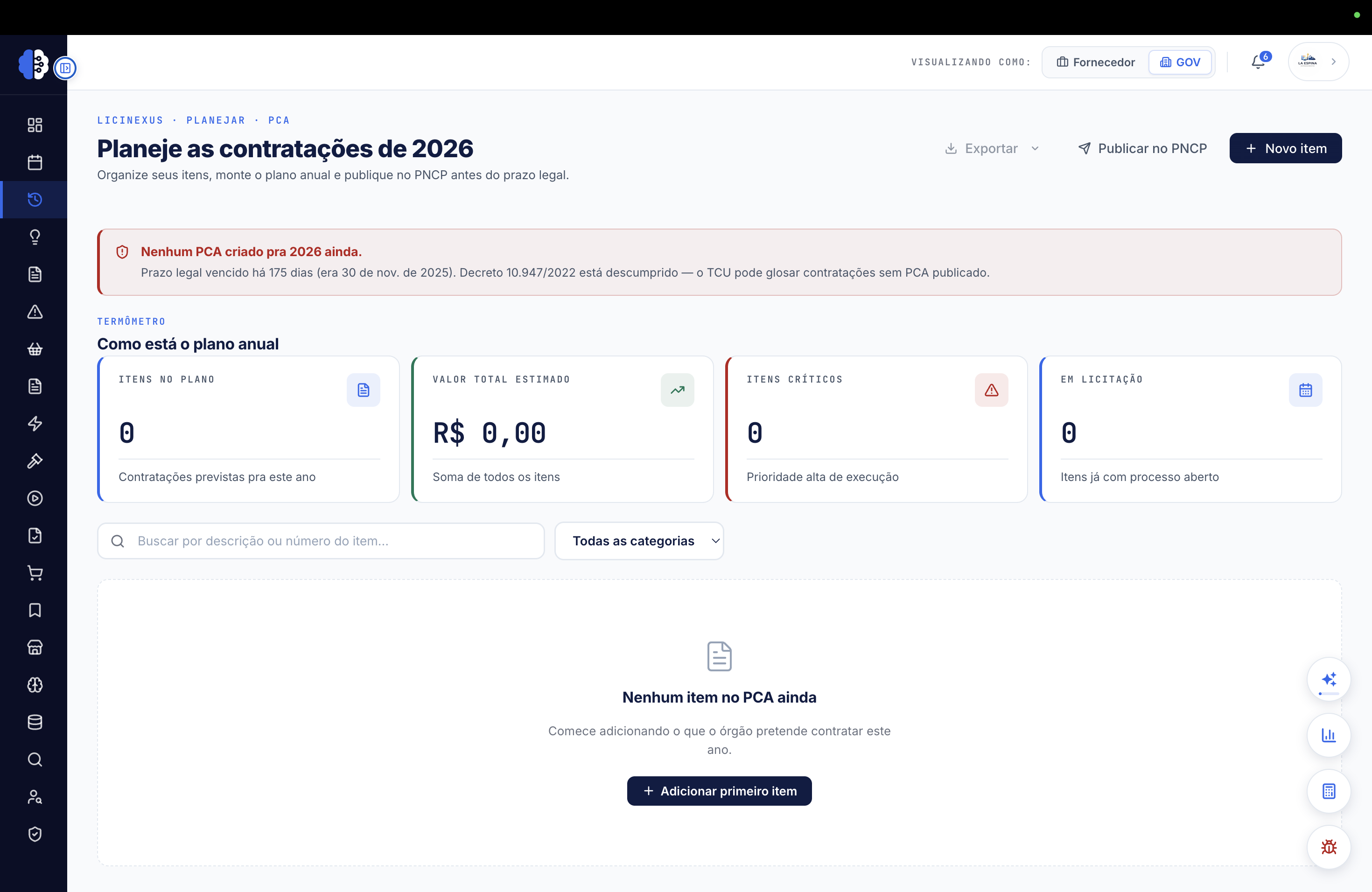 Tela Plano anual (PCA) do módulo GOV